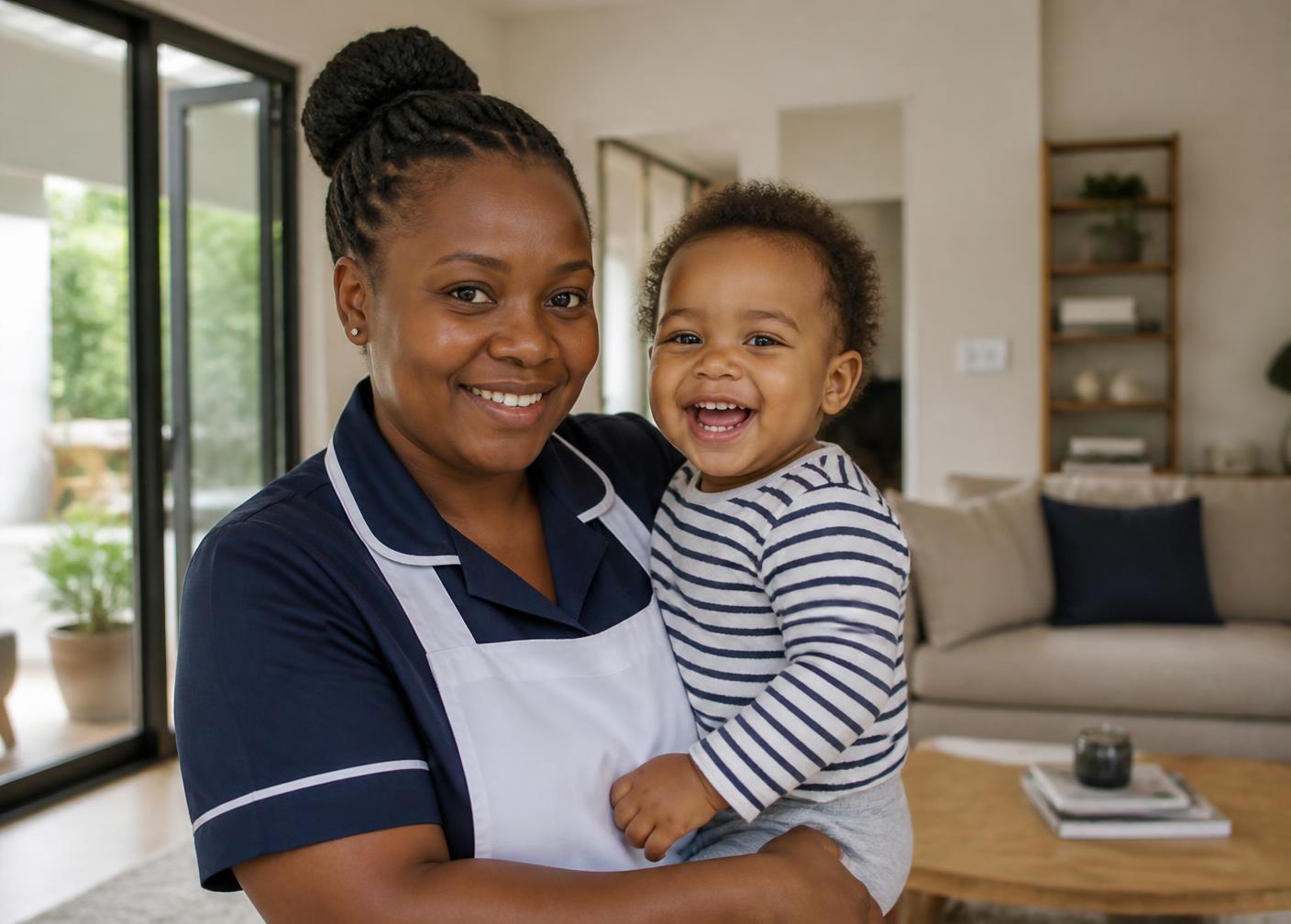 Professional nanny smiling with a happy toddler at home